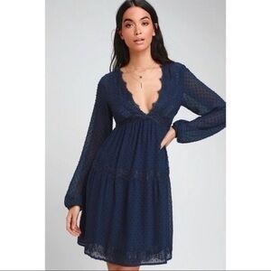 lulu’s wistful moments lace swiss dot dress navy NWT